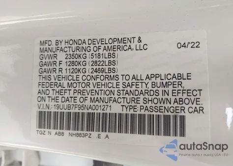 2022 Acura Tlx Type S - Hp Wheel And Tire z USA, uszkodzony, nr VIN 19UUB7F95NA001271